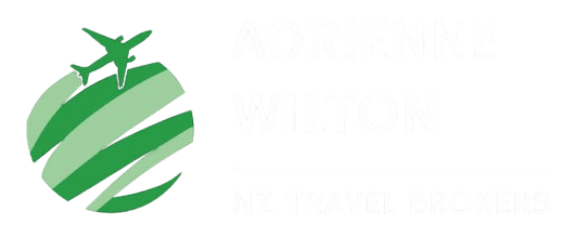Adrienne Wilton's NZ Travel Brokers logo with a green globe and airplane design. Perfect for planning New Zealand adventures.