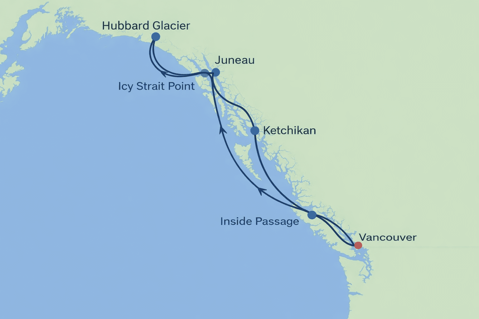 Alaska cruise route map showcasing Hubbard Glacier, Juneau, Ketchikan, Icy Strait Point, Inside Passage, and Vancouver.