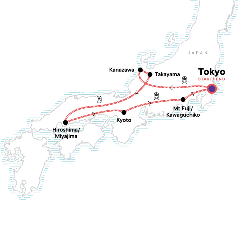 Japan travel route map: Tokyo to Kyoto, Mt. Fuji, Takayama, Kanazawa, Hiroshima, showcasing iconic destinations.