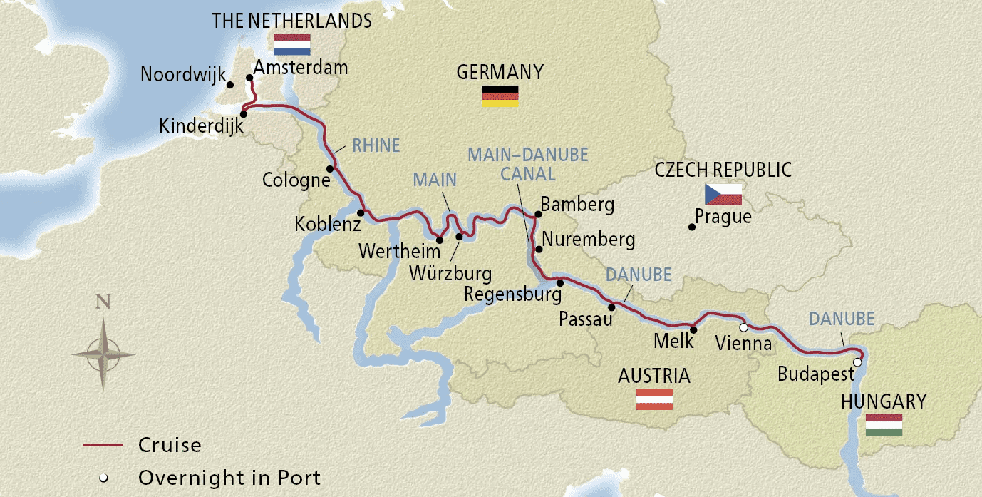 European river cruise map highlighting stops from Amsterdam to Budapest, including Cologne, Vienna, and Prague.