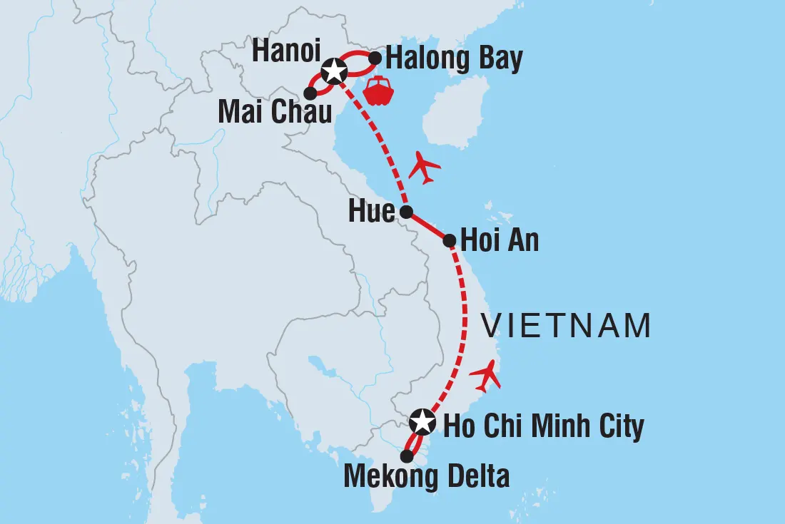 Vietnam travel map showcasing key destinations: Hanoi, Halong Bay, Mai Chau, Hue, Hoi An, Ho Chi Minh City, and Mekong Delta.