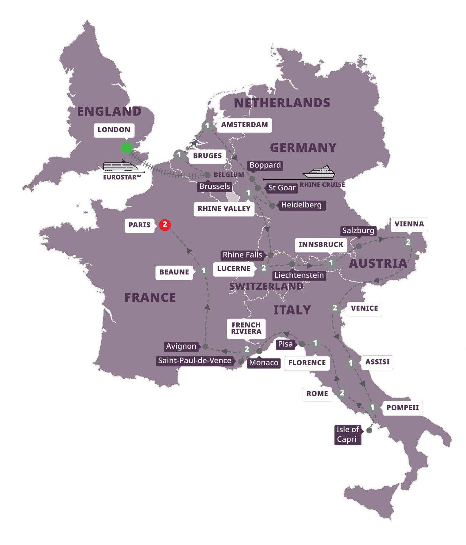 Map highlighting a European tour from London to Rome, featuring stops in Paris, Lucerne, Venice, and the French Riviera.